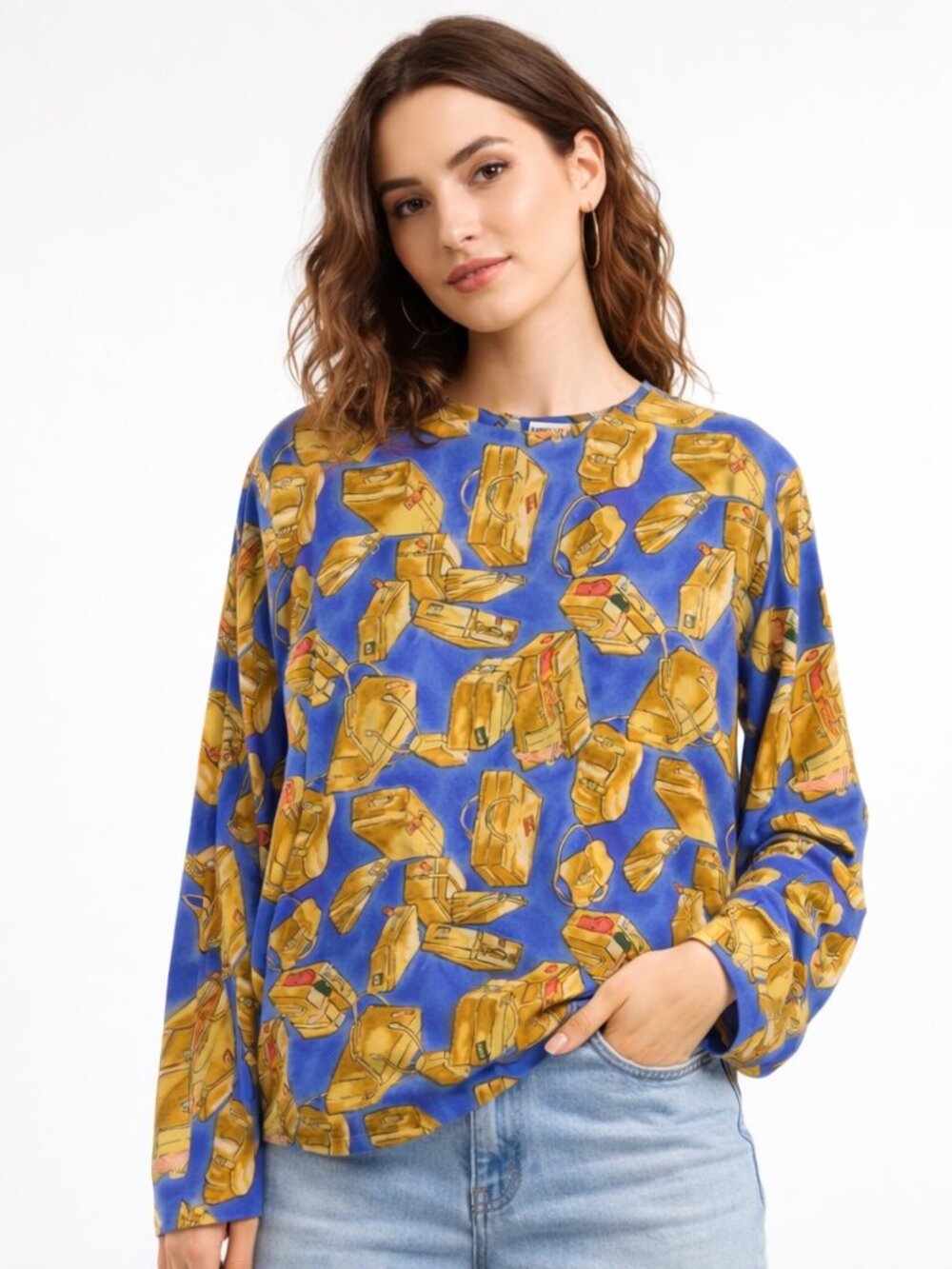 Annie Alexander 100% Silk Blouse Womens M Travel Suitcase Print Blue Top 90s VTG